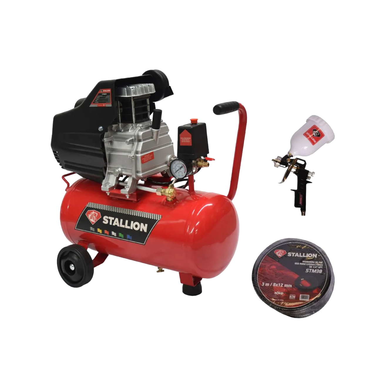 Kit Compresor De Aire Electronico De 2.5 Hp 110V Con Tanque De 25 Litros Y 115 Psi Con Pistola De Gravedad Y Manguera STALLION STWR25